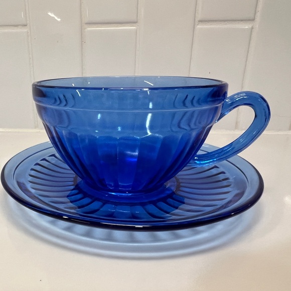 Vintage Cobalt Blue Tea Cup and Saucer Hazel Atlas Aurora - Picture 1 of 6
